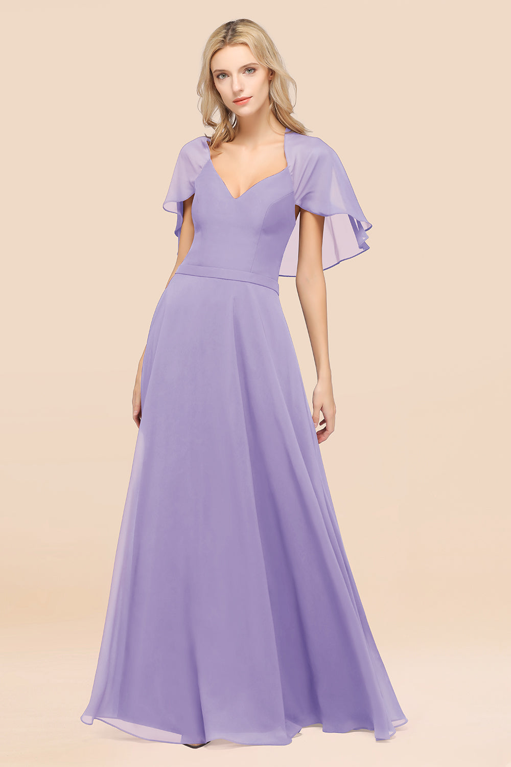 Chic Satin V-Neck Long Burgundy Chiffon Bridesmaid Dress with Flutter Sleeve