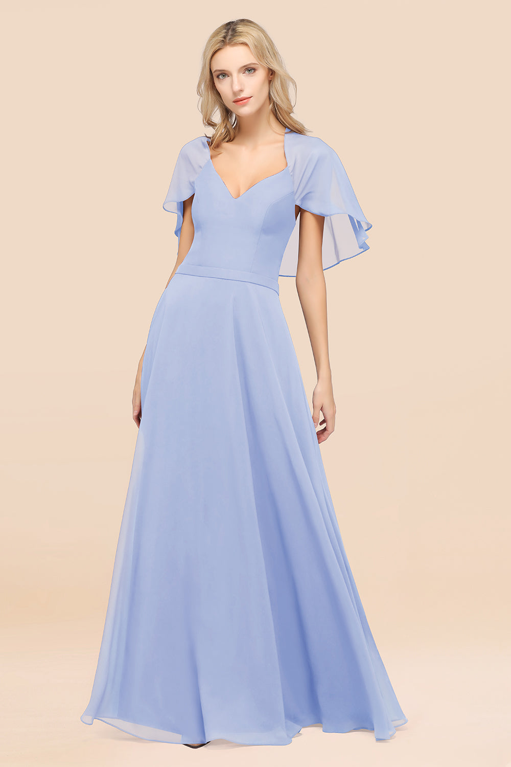 Chic Satin V-Neck Long Burgundy Chiffon Bridesmaid Dress with Flutter Sleeve