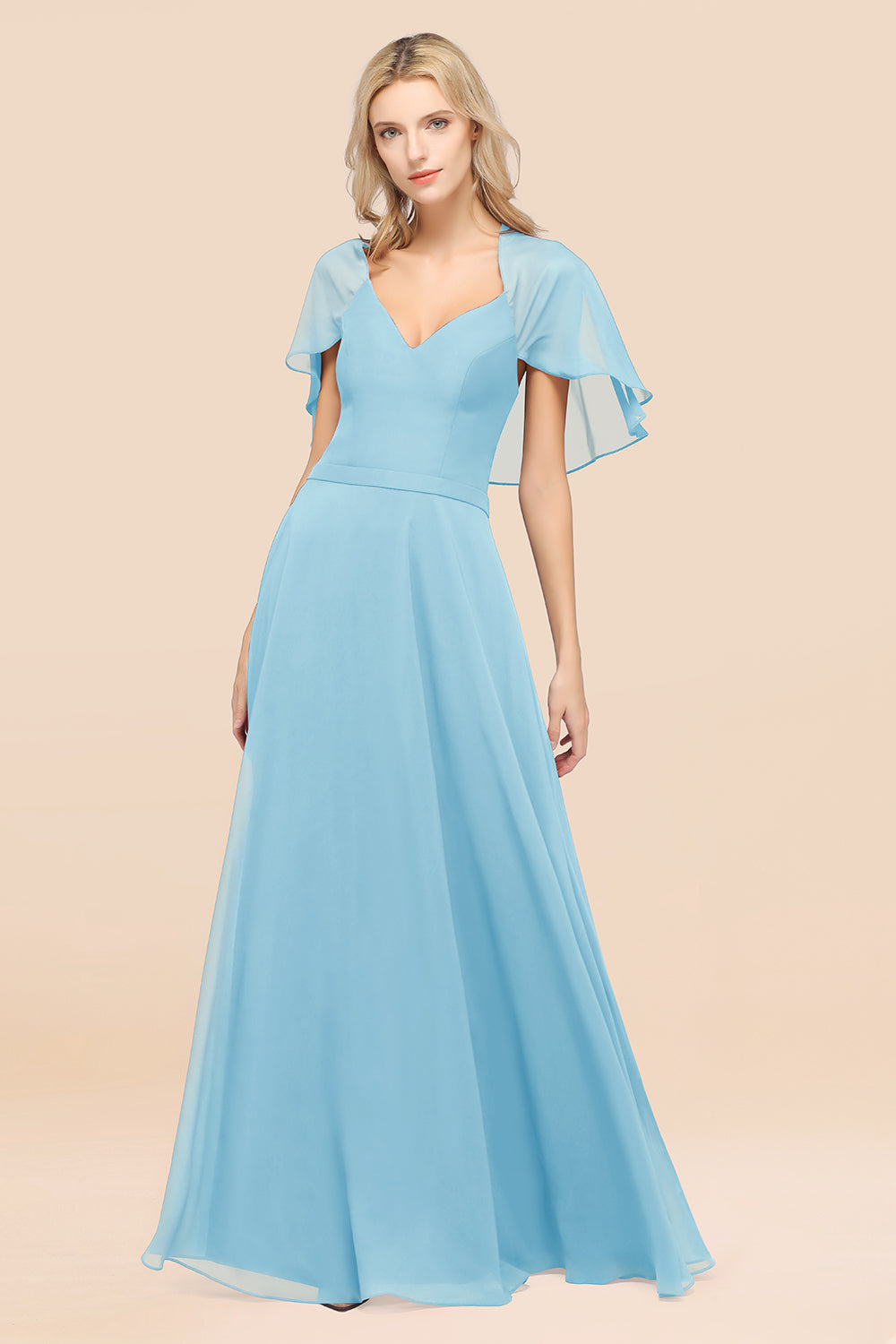 Chic Satin V-Neck Long Burgundy Chiffon Bridesmaid Dress with Flutter Sleeve