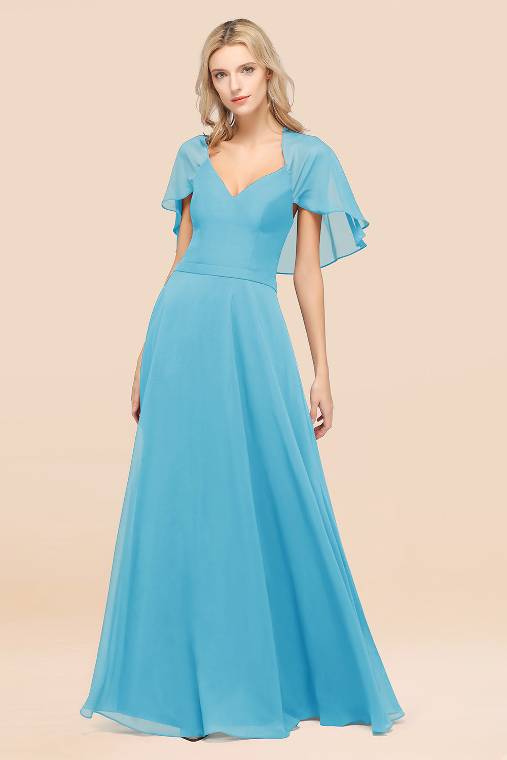 Chic Satin V-Neck Long Burgundy Chiffon Bridesmaid Dress with Flutter Sleeve