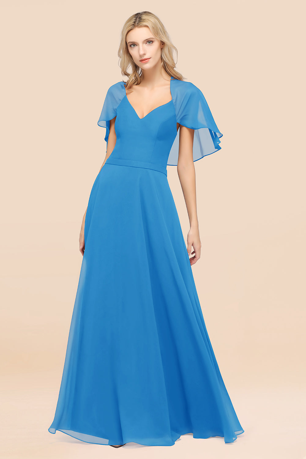 Chic Satin V-Neck Long Burgundy Chiffon Bridesmaid Dress with Flutter Sleeve