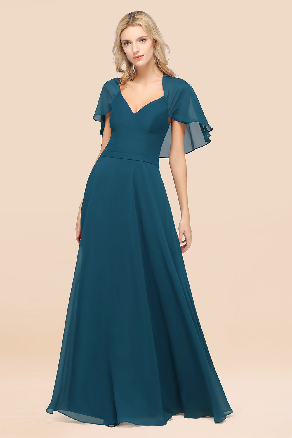 Chic Satin V-Neck Long Burgundy Chiffon Bridesmaid Dress with Flutter Sleeve