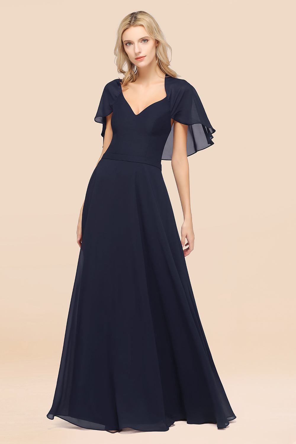Chic Satin V-Neck Long Burgundy Chiffon Bridesmaid Dress with Flutter Sleeve