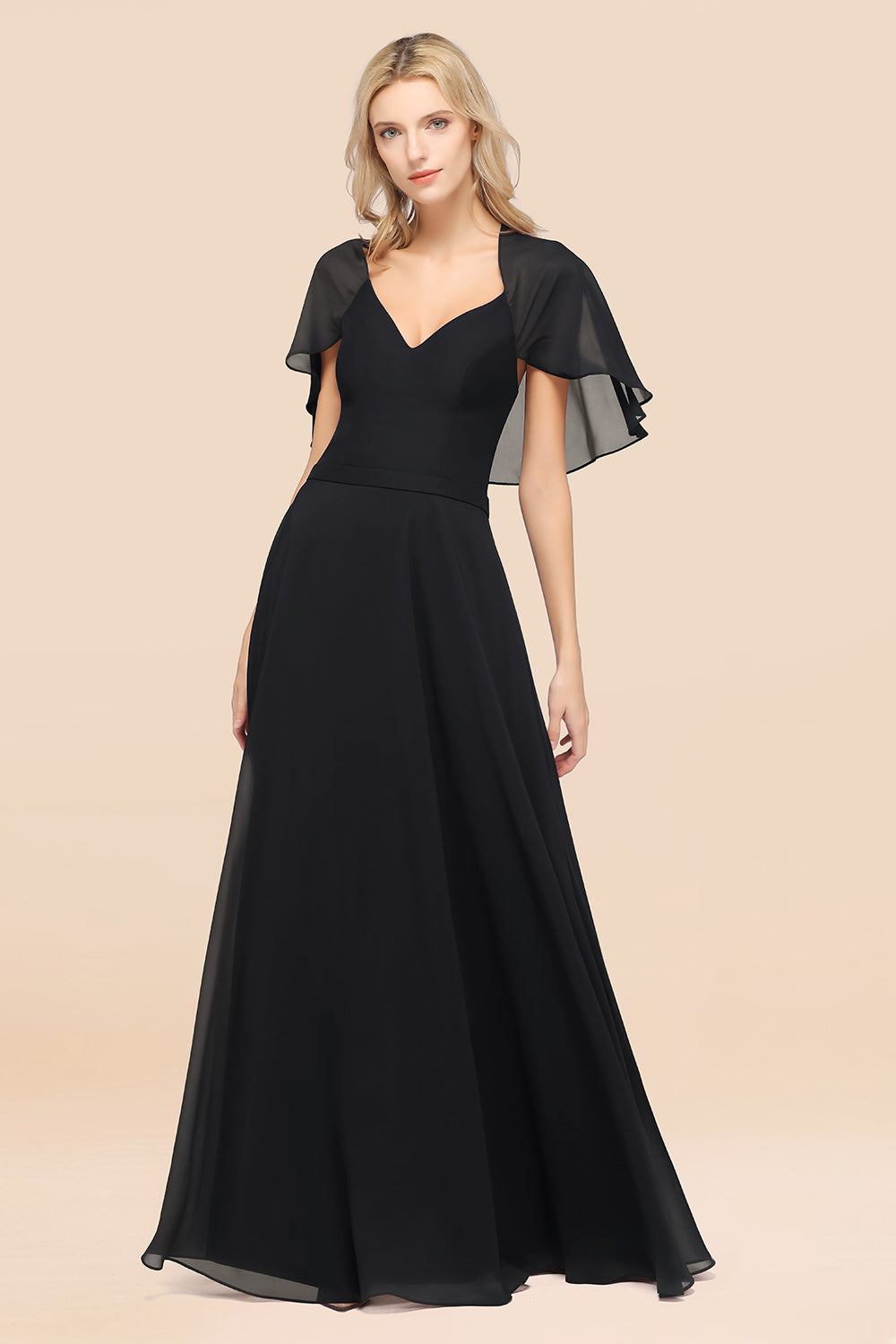 Chic Satin V-Neck Long Burgundy Chiffon Bridesmaid Dress with Flutter Sleeve