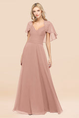Chic Satin V-Neck Long Burgundy Chiffon Bridesmaid Dress with Flutter Sleeve