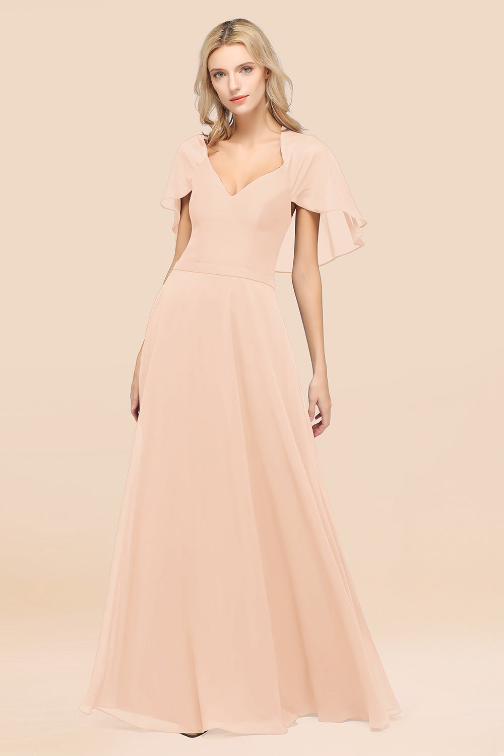 Chic Satin V-Neck Long Burgundy Chiffon Bridesmaid Dress with Flutter Sleeve