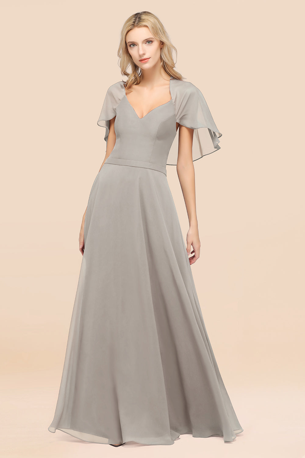 Chic Satin V-Neck Long Burgundy Chiffon Bridesmaid Dress with Flutter Sleeve