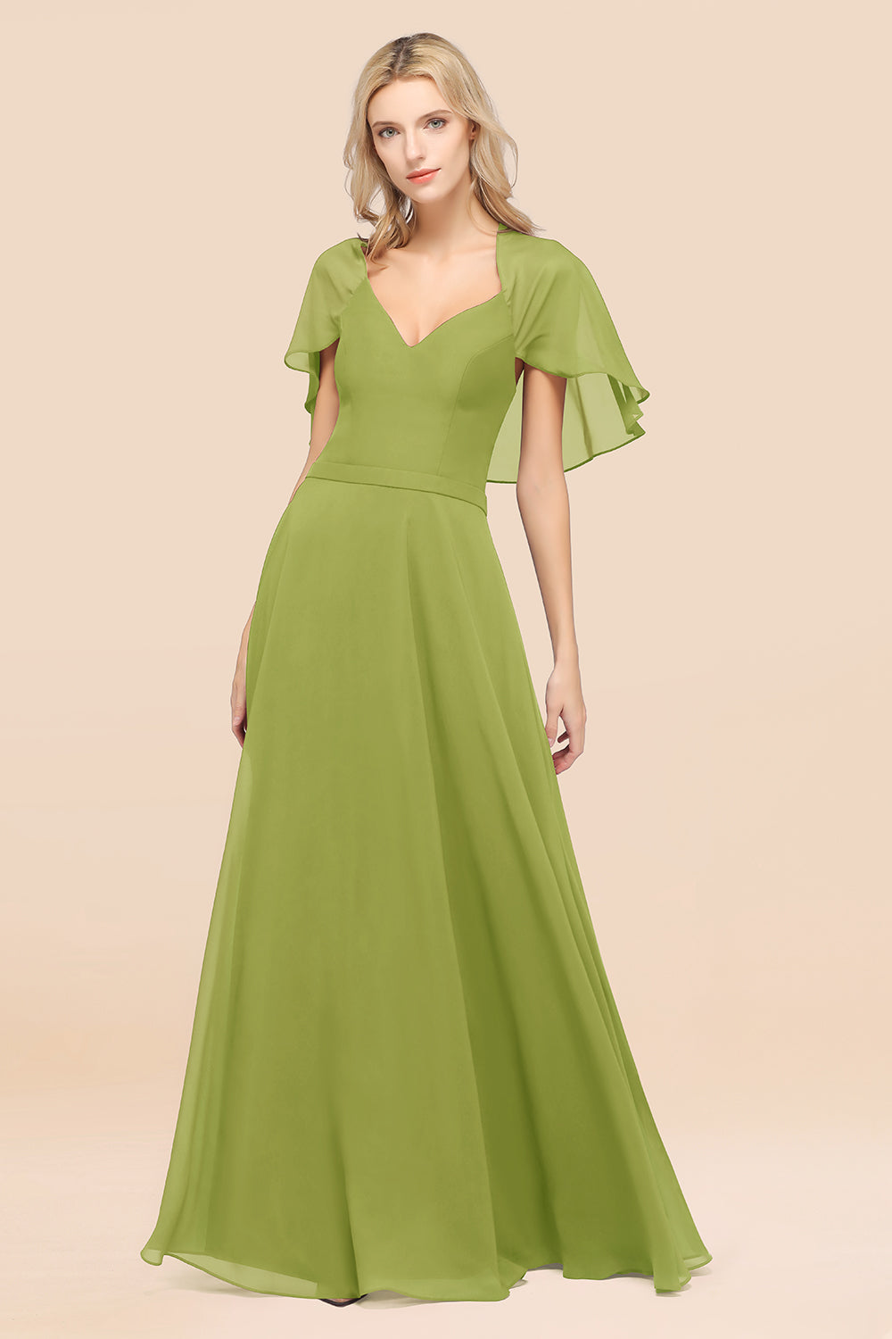 Chic Satin V-Neck Long Burgundy Chiffon Bridesmaid Dress with Flutter Sleeve