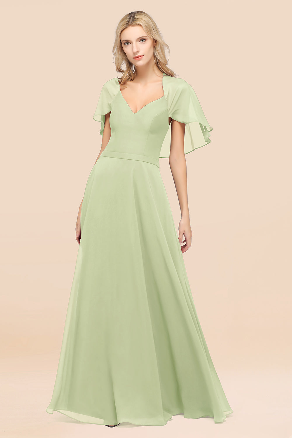 Chic Satin V-Neck Long Burgundy Chiffon Bridesmaid Dress with Flutter Sleeve