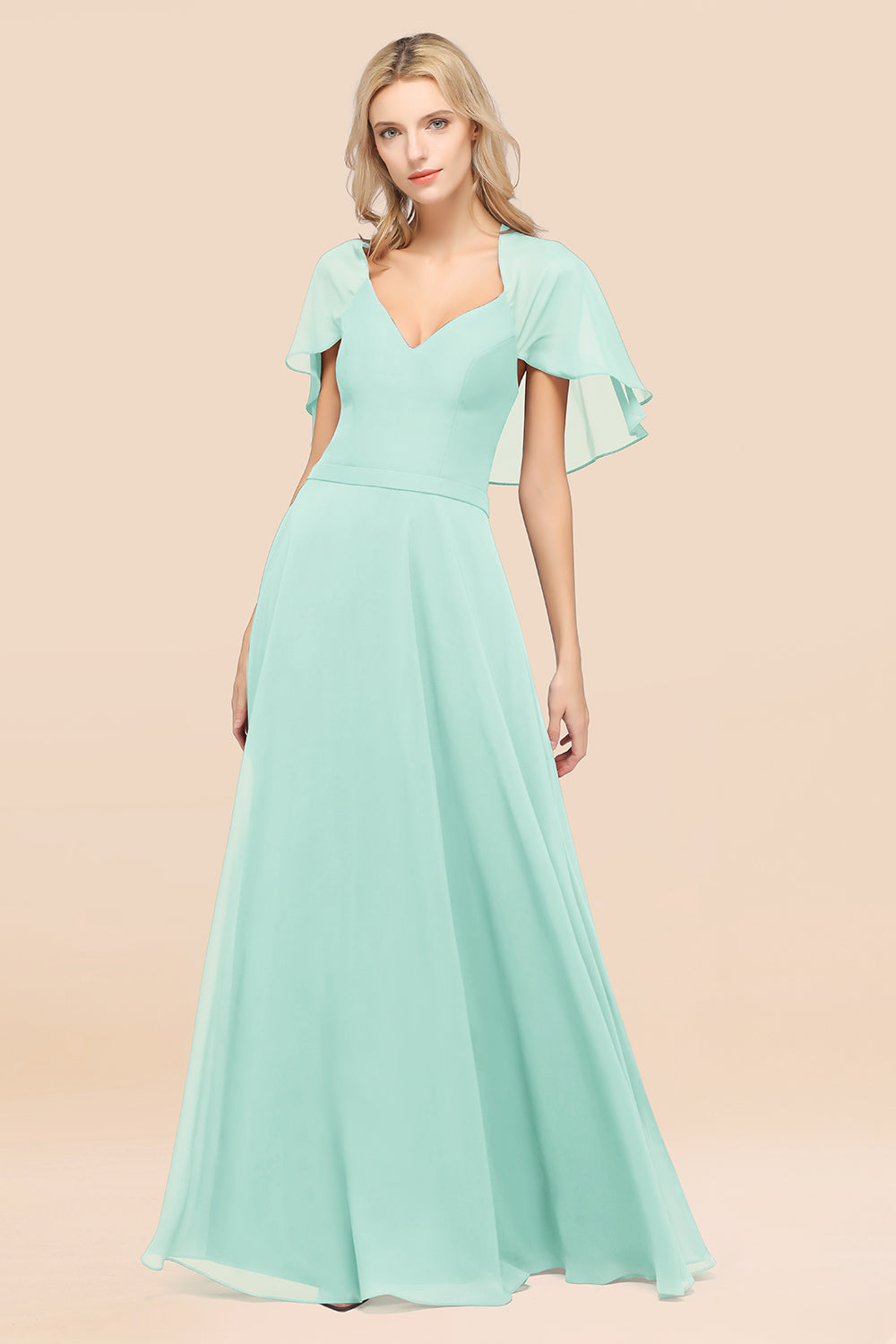 Chic Satin V-Neck Long Burgundy Chiffon Bridesmaid Dress with Flutter Sleeve