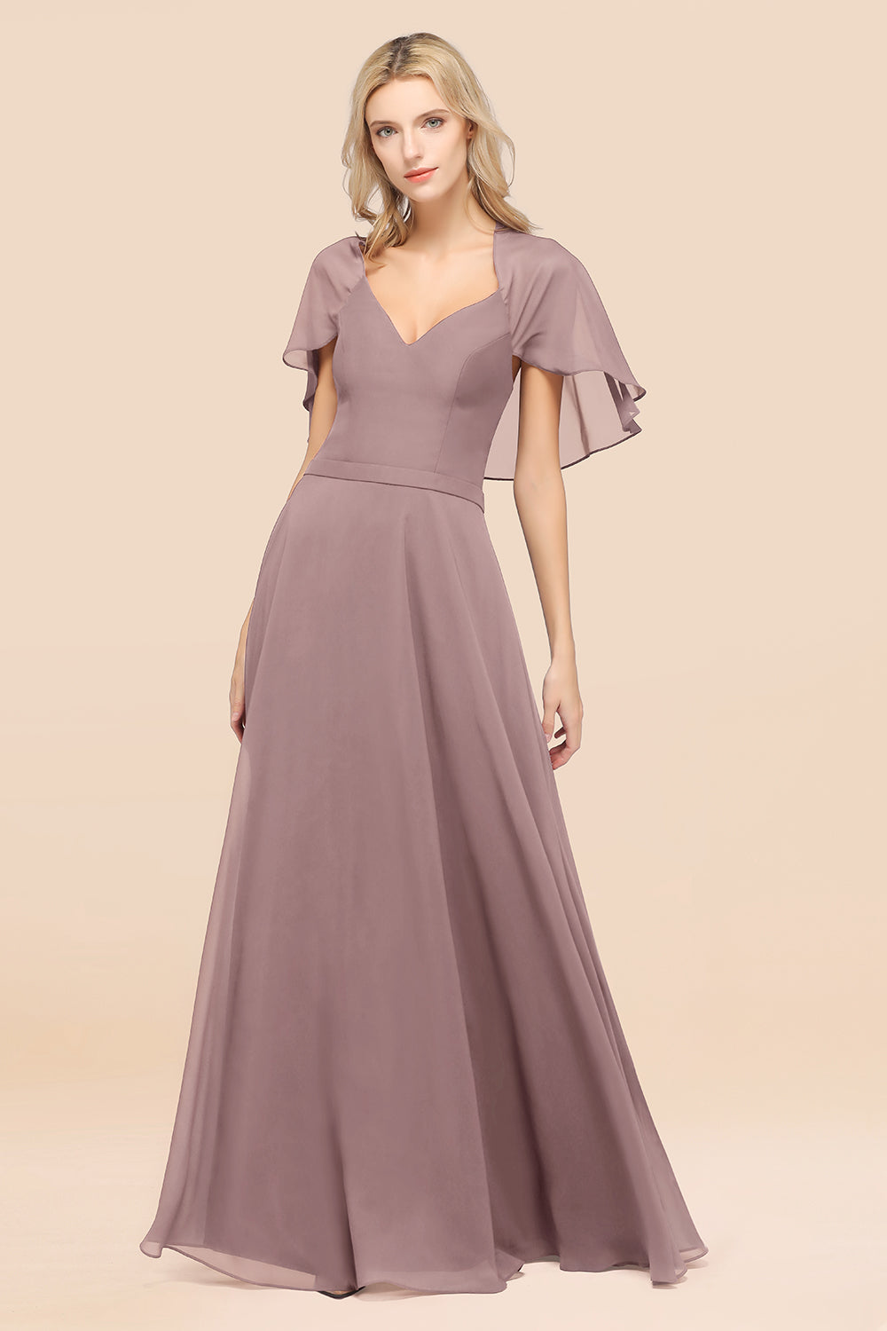Chic Satin V-Neck Long Burgundy Chiffon Bridesmaid Dress with Flutter Sleeve
