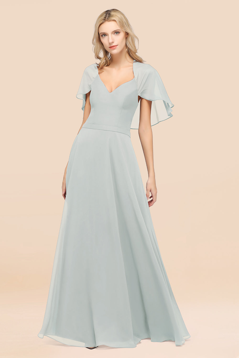 Chic Satin V-Neck Long Burgundy Chiffon Bridesmaid Dress with Flutter Sleeve