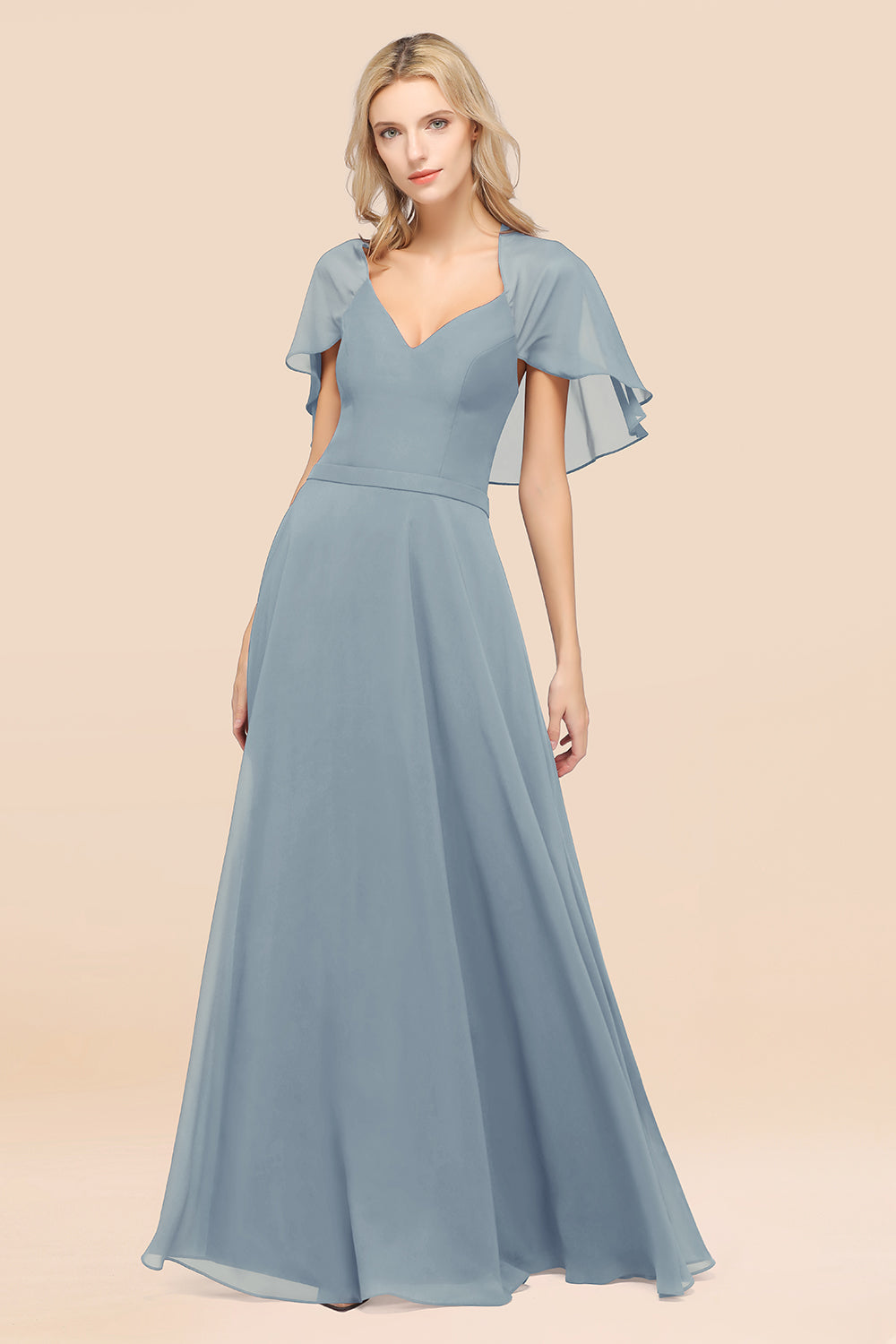 Chic Satin V-Neck Long Burgundy Chiffon Bridesmaid Dress with Flutter Sleeve