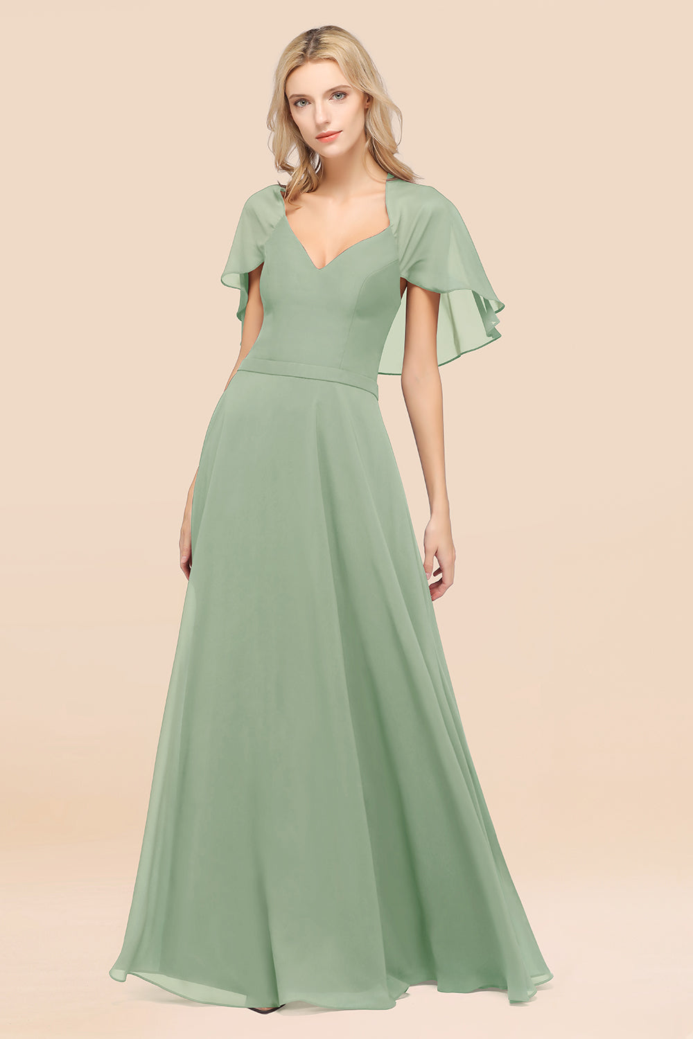 Chic Satin V-Neck Long Burgundy Chiffon Bridesmaid Dress with Flutter Sleeve