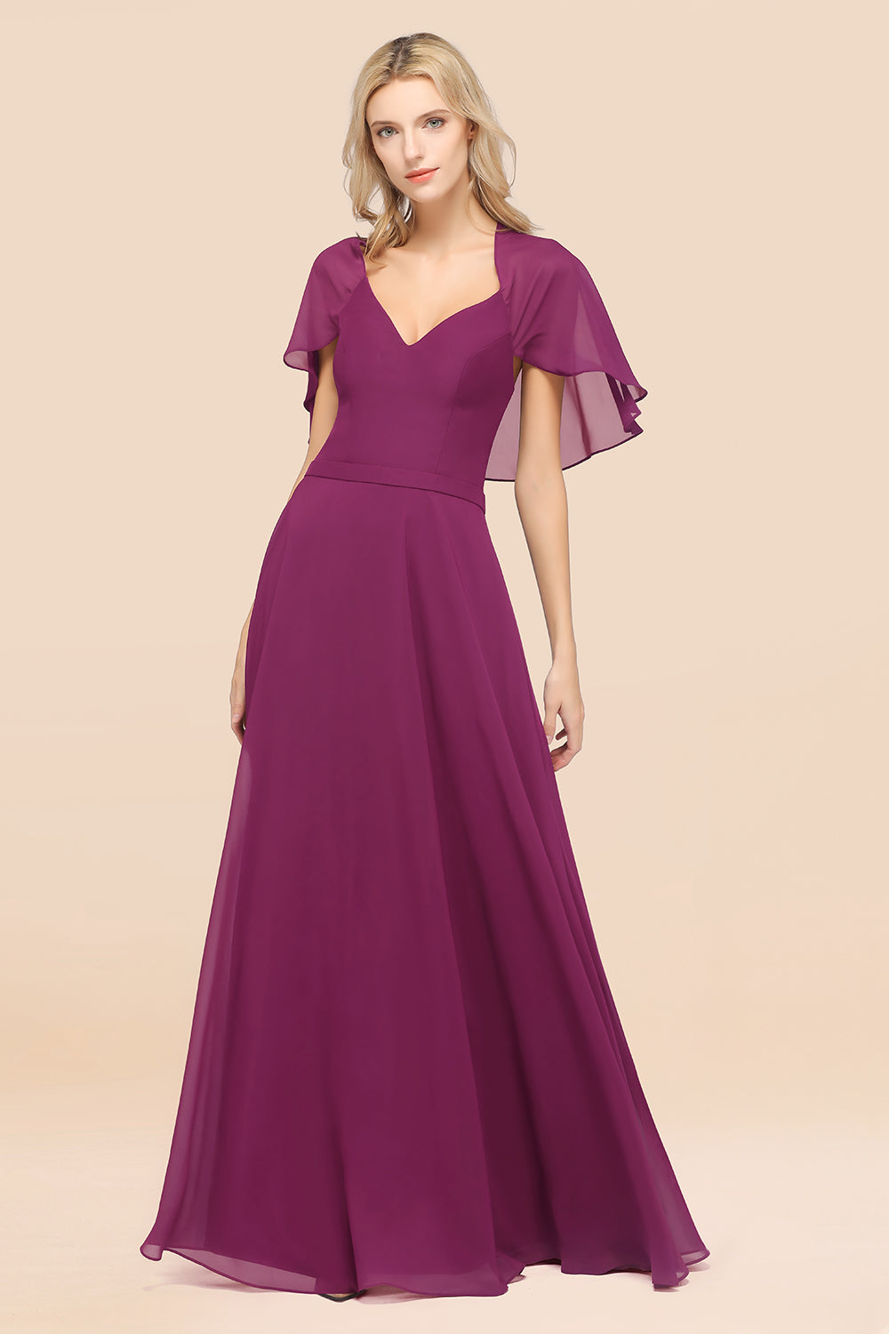 Chic Satin V-Neck Long Burgundy Chiffon Bridesmaid Dresses with Flutte Newinlook Chic Satin V-Neck Long Burgundy Chiffon Bridesmaid Dresses with Flutte Newinlook