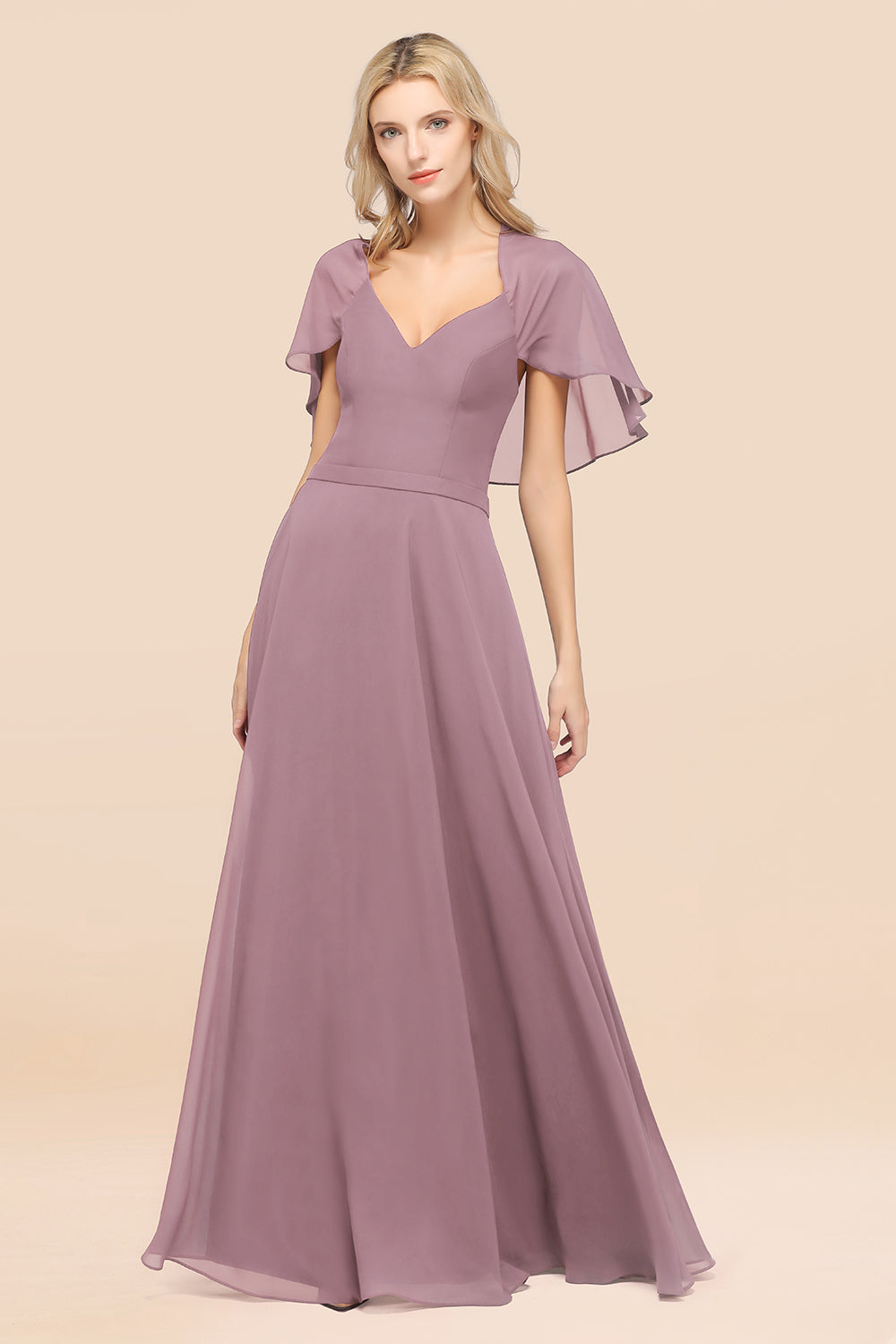 Chic Satin V-Neck Long Burgundy Chiffon Bridesmaid Dress with Flutter Sleeve