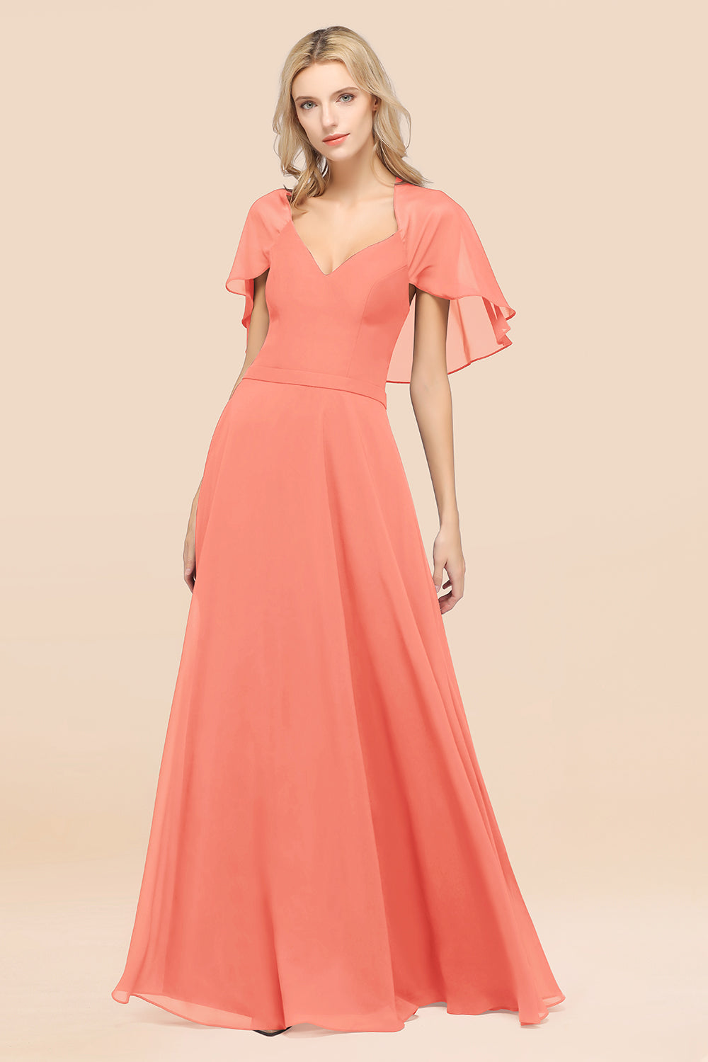 Chic Satin V-Neck Long Burgundy Chiffon Bridesmaid Dress with Flutter Sleeve