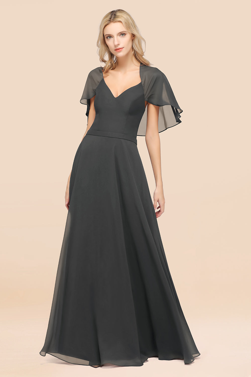 Chic Satin V-Neck Long Burgundy Chiffon Bridesmaid Dress with Flutter Sleeve
