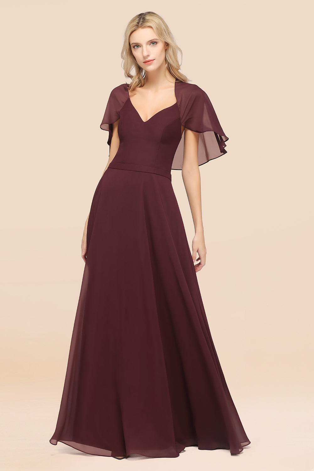 Chic Satin V-Neck Long Burgundy Chiffon Bridesmaid Dress with Flutter Sleeve
