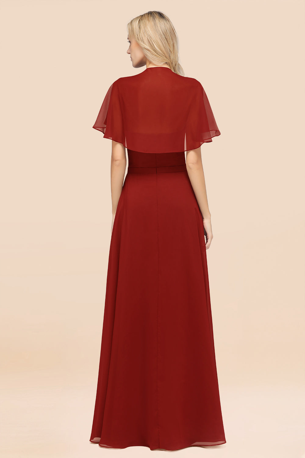 Chic Satin V-Neck Long Burgundy Chiffon Bridesmaid Dress with Flutter Sleeve