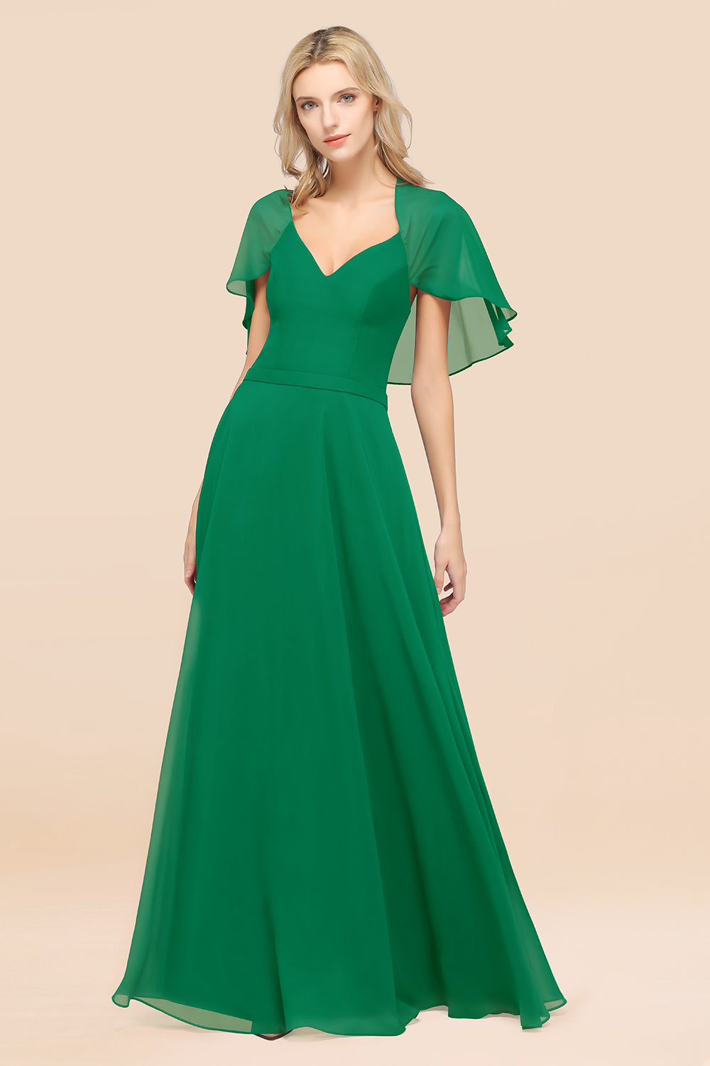 Chic Satin V-Neck Long Burgundy Chiffon Bridesmaid Dress with Flutter Sleeve