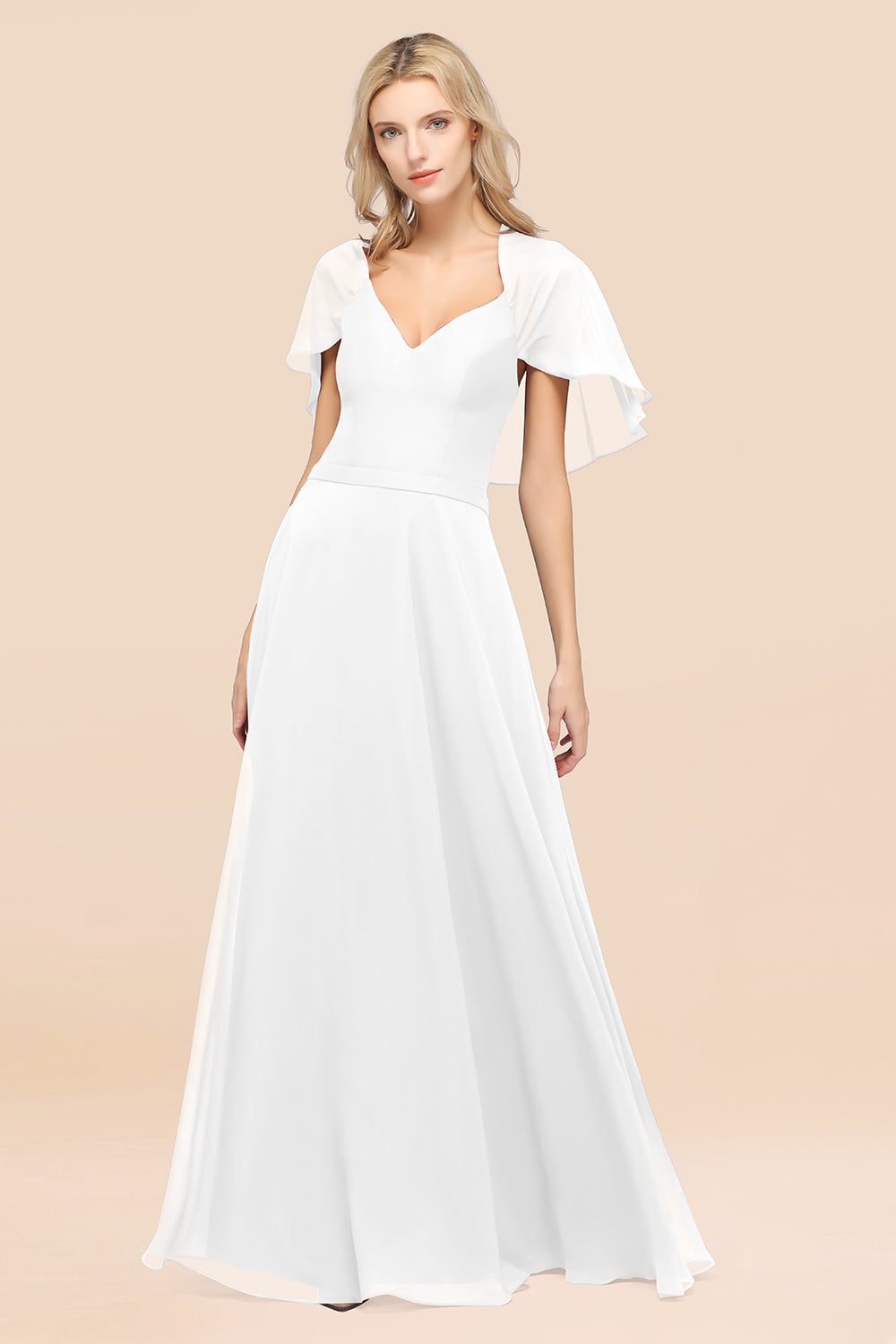Chic Satin V-Neck Long Burgundy Chiffon Bridesmaid Dress with Flutter Sleeve