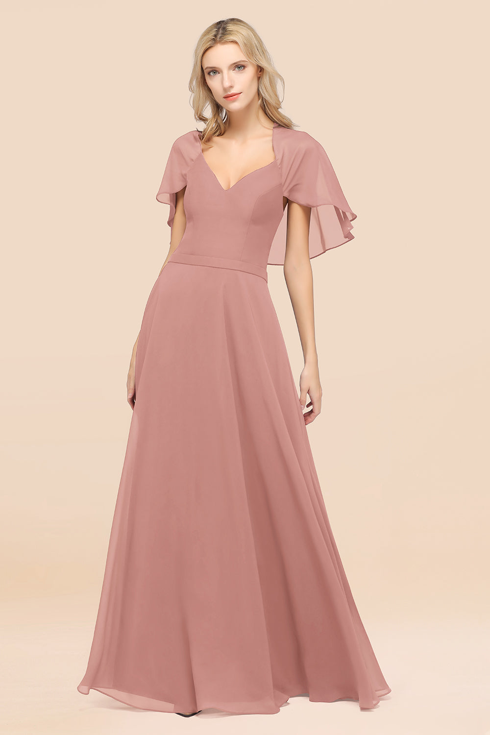 Chic Satin V-Neck Long Burgundy Chiffon Bridesmaid Dress with Flutter Sleeve