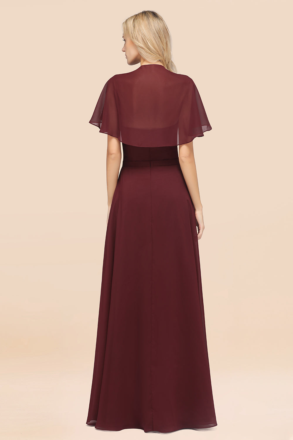 Chic Satin V-Neck Long Burgundy Chiffon Bridesmaid Dress with Flutter Sleeve
