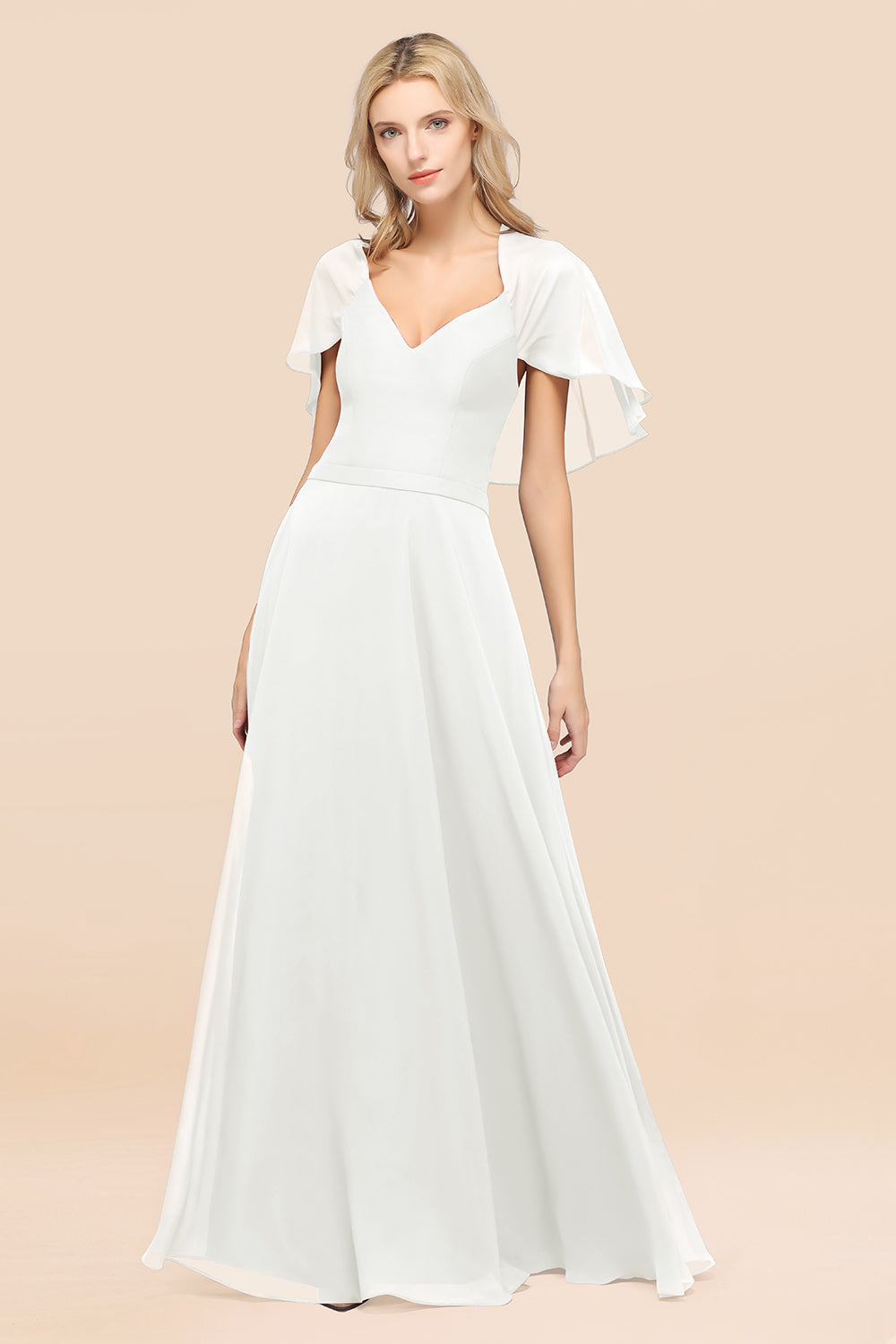 Chic Satin V-Neck Long Burgundy Chiffon Bridesmaid Dress with Flutter Sleeve