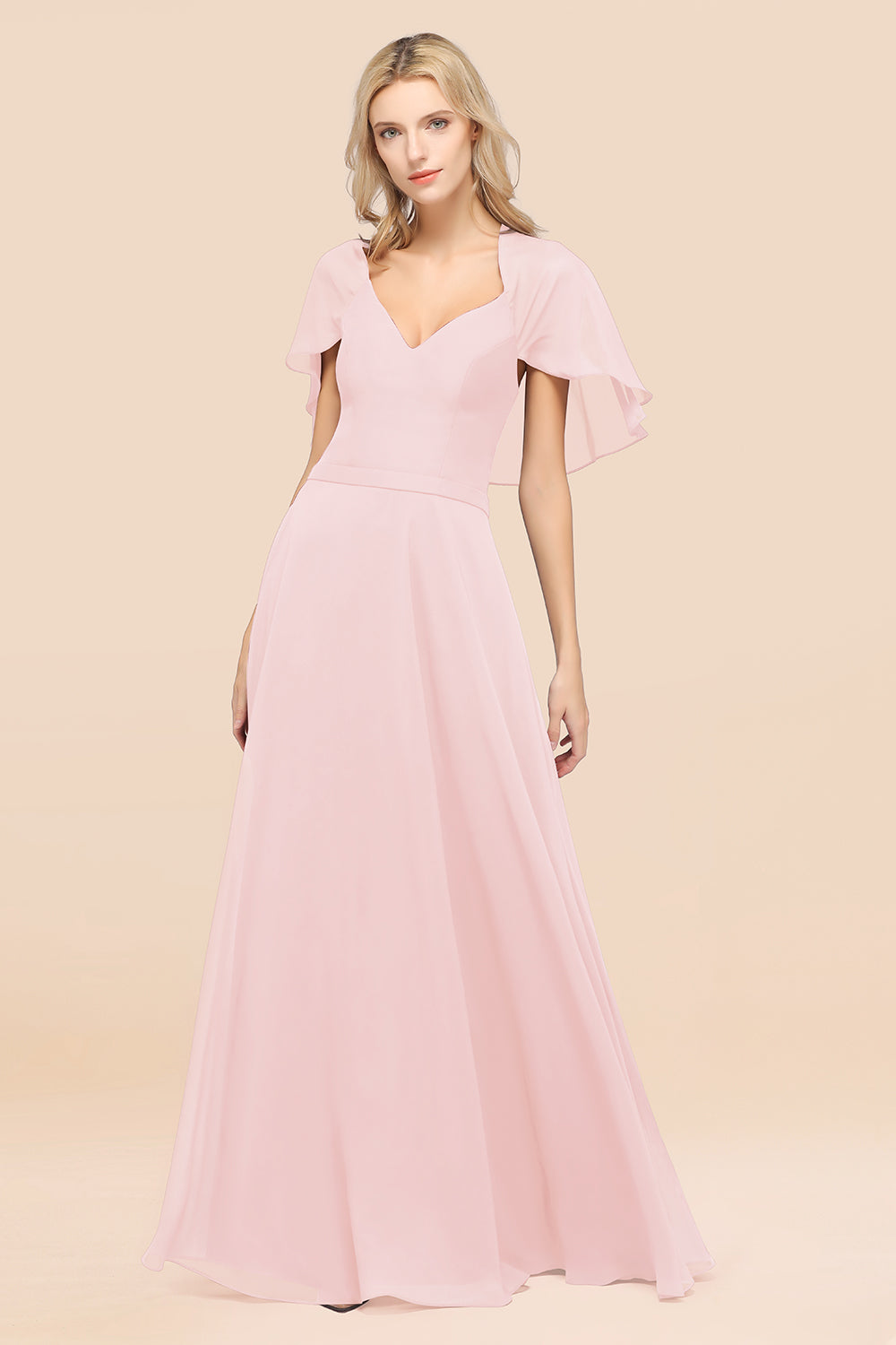 Chic Satin V-Neck Long Burgundy Chiffon Bridesmaid Dress with Flutter Sleeve