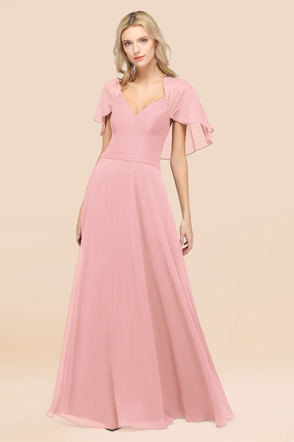 Chic Satin V-Neck Long Burgundy Chiffon Bridesmaid Dress with Flutter Sleeve