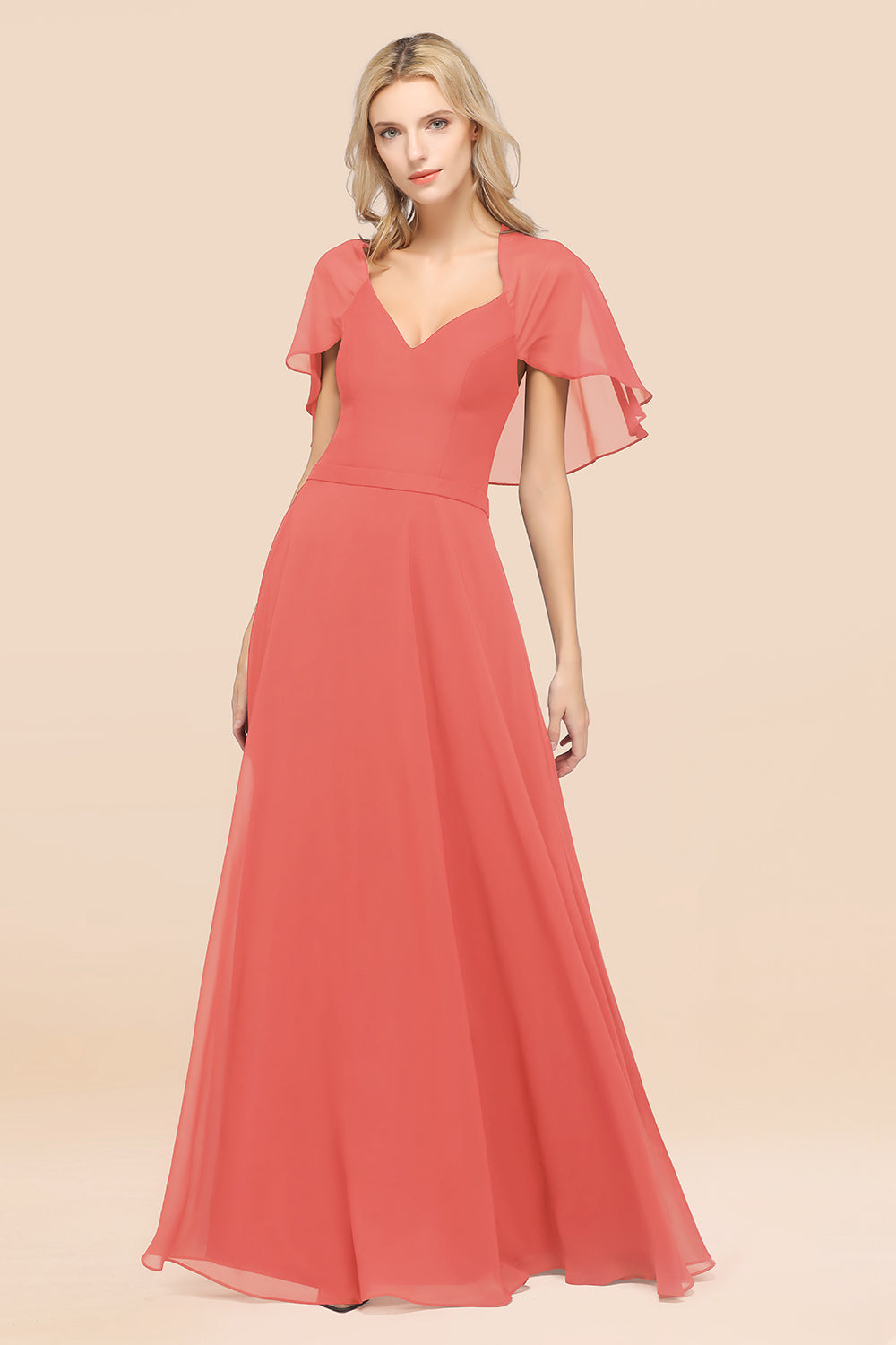Chic Satin V-Neck Long Burgundy Chiffon Bridesmaid Dress with Flutter Sleeve