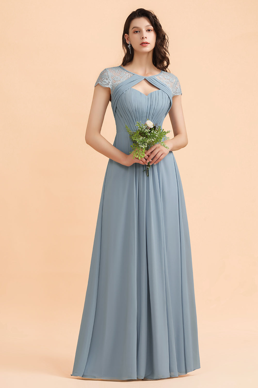 Chic Short Sleeves Lace Chiffon Bridesmaid Dress with Ruffles Online