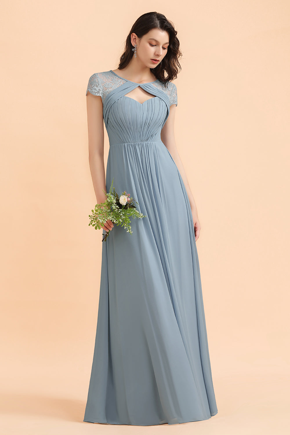 Chic Short Sleeves Lace Chiffon Bridesmaid Dress with Ruffles Online