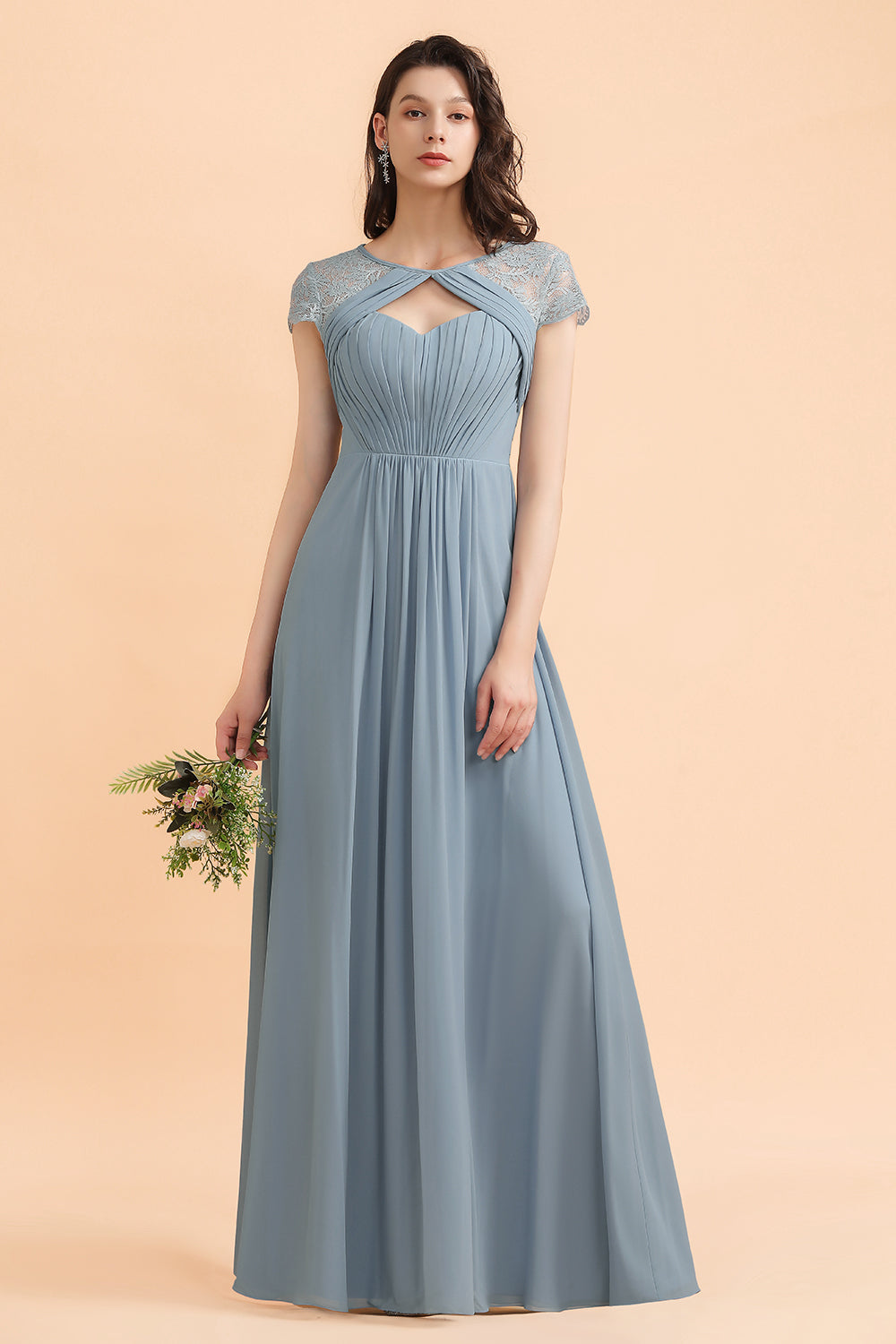 Chic Short Sleeves Lace Chiffon Bridesmaid Dress with Ruffles Online