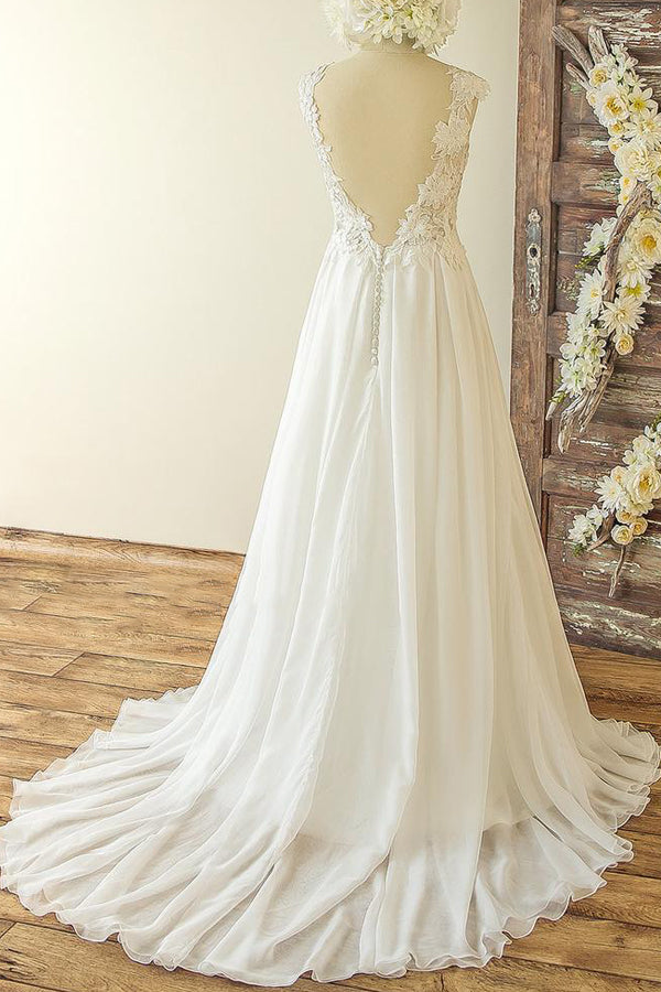 Chic Sleeveless Jewel Appliques Wedding Dresses A-line Chiffon Ruffles Bridal Gowns On Sale