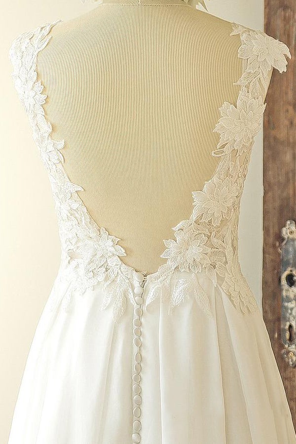 Chic Sleeveless Jewel Appliques Wedding Dresses A-line Chiffon Ruffles Bridal Gowns On Sale