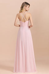 Chic Spaghetti Straps Chiffon Pink Bridesmaid Dresses with Crisscross Back