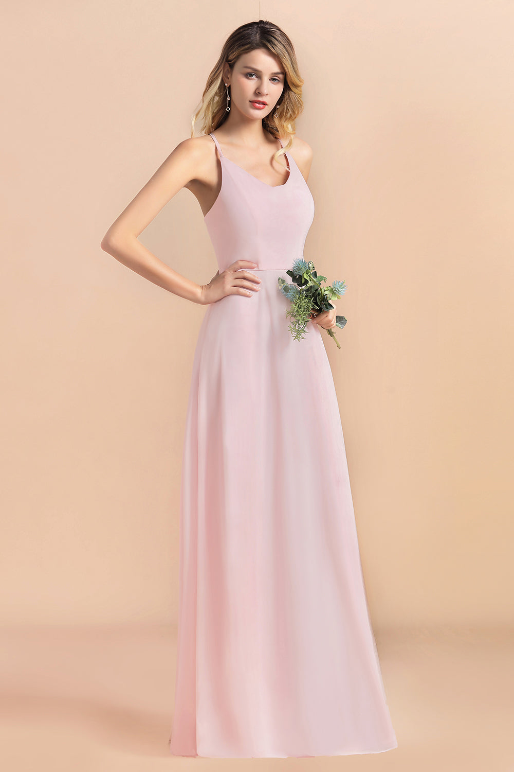 Chic Spaghetti Straps Chiffon Pink Bridesmaid Dresses with Crisscross Back