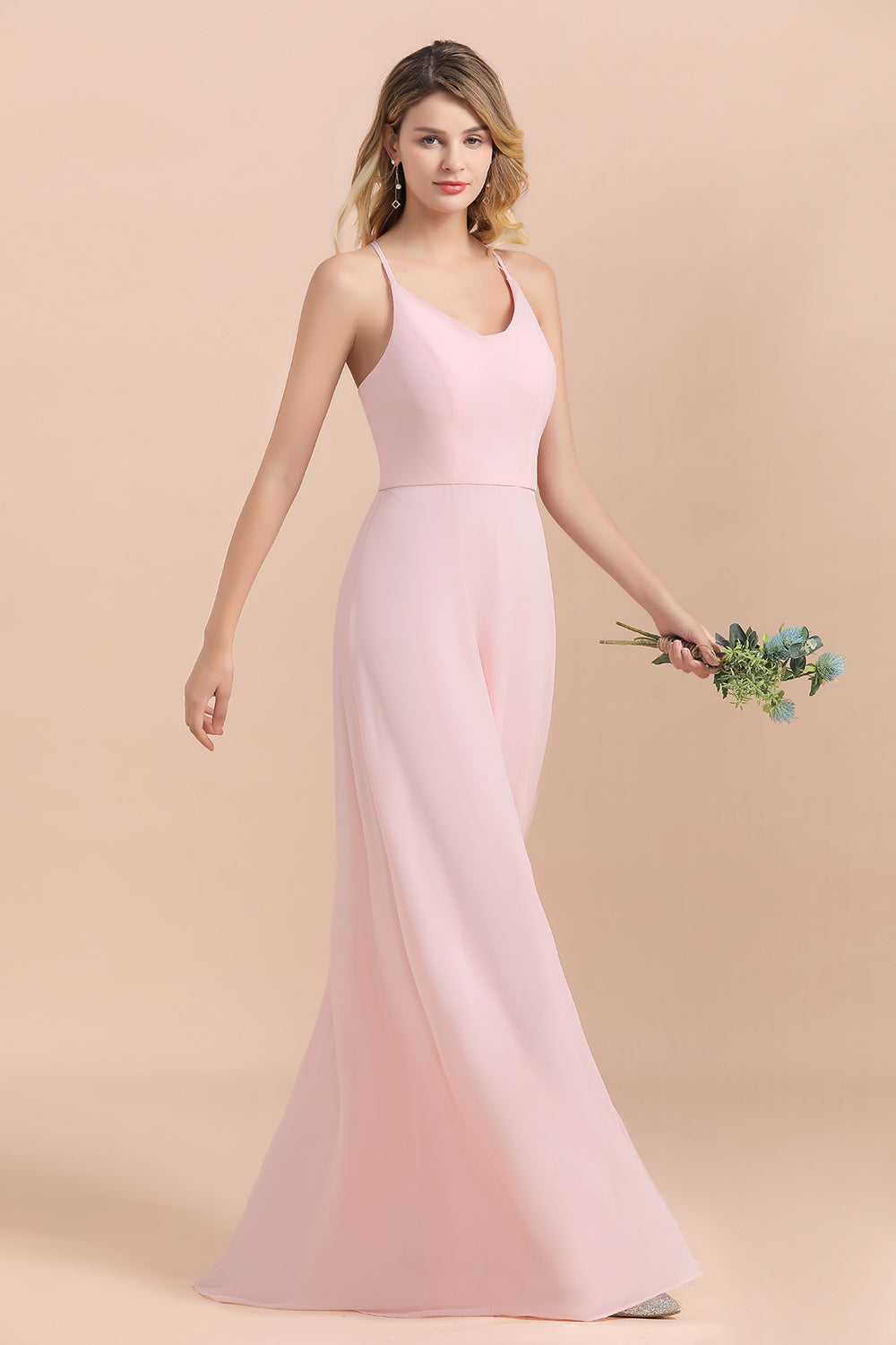 Chic Spaghetti Straps Chiffon Pink Bridesmaid Dresses with Crisscross Back