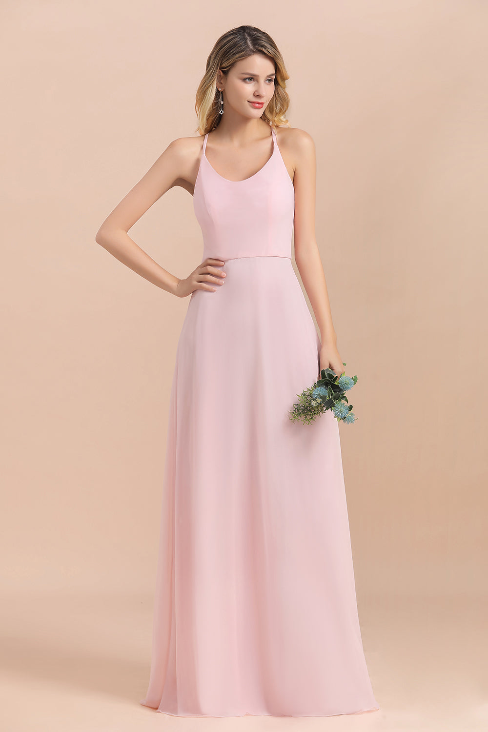 Chic Spaghetti Straps Chiffon Pink Bridesmaid Dresses with Crisscross Back