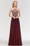Chic Spaghetti Straps Long Burgundy Backless Bridesmaid Dress with Appliques