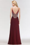 Chic Spaghetti Straps Long Burgundy Backless Bridesmaid Dress with Appliques