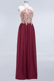 Chic Spaghetti Straps Long Burgundy Backless Bridesmaid Dress with Appliques