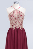 Chic Spaghetti Straps Long Burgundy Backless Bridesmaid Dress with Appliques