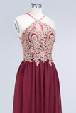 Chic Spaghetti Straps Long Burgundy Backless Bridesmaid Dress with Appliques