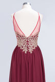 Chic Spaghetti Straps Long Burgundy Backless Bridesmaid Dress with Appliques