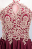 Chic Spaghetti Straps Long Burgundy Backless Bridesmaid Dress with Appliques