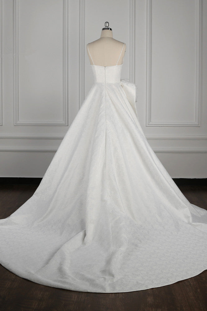 Chic Spaghetti Straps V-neck Wedding Dress Satin Appliques Bow Bridal Gowns Online
