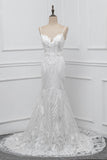 Chic Spaghetti Straps V-Neck White Wedding Dresses Appliques Sleeveless Bridal Gowns On Sale